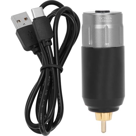 Alimentation sans fil pour machine à tatouage, stylo tatoueur avec connecteur RCA, batterie 1200mAh, argent et noir. (1/5)