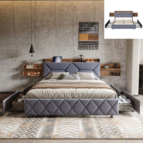 Lit rembourré 160x200 cm avec sommier et 4 tiroirs - Lit coffre avec rangement de chevet - Port USB de Type C - 2 personnes - Gris