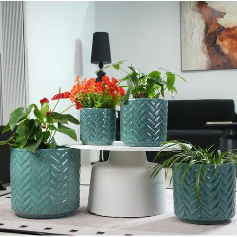 Pot de fleurs en céramique moyen Ø31,5 cm, bleu aqua brillant à relief chevrons HAVRYA (1/5)
