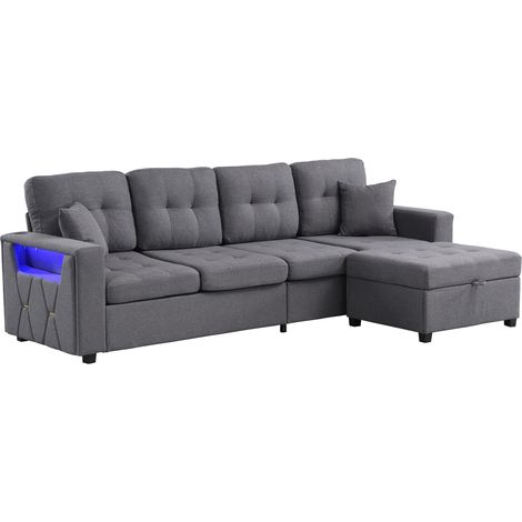 Sofá esquinero modular L con puf contenedor, USB y Type-C, LED y tela de lino gris (1/5)