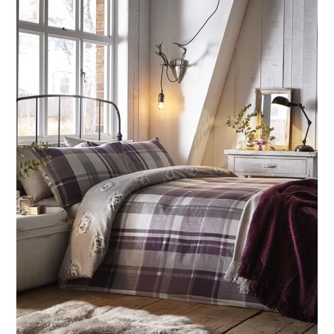 Housse de Couette hérisson à Carreaux Prune - 200 x 200 cm - 2 taies d'oreiller - 100% Coton brossé Doux - Design réversible - Literie en Flanelle Violette avec hérissons (1/5)