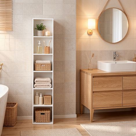 MEUBLIV Librería estrecha blanca 30x24x158,4 cm – 6 nichos abiertos con anti-vuelco (1/5)