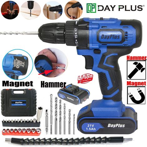 Akku-Bohrer 21V Akku-Bohrschrauber mit Hammerkopf Magnet Funktion,2x 1.5Ah Akkus,45Nm 18+1 Drehmomentstufen Akkuschrauber 2 Gang 29-tlg Zubehör-Set DHL (1/5)
