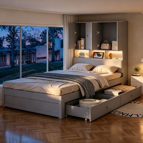 Letto singolo multifunzionale 225x95x125 cm, con testiera imbottita, contenitore, LED e presa, legno grigio (1/5)