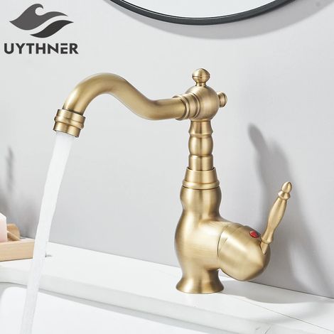 (Antique C1) Robinet d'évier de cuisine Uythner, style rétro, en laiton et bronze antique, à poignée unique, montage sur plage, mitigeur eau chaude/froide (1/5)