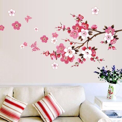 Cherry Blossom Wall Sticker with Red Rose Butterfly (120x50cm) I Sakura Rattan Flower Branch Tree Self-Adhesive Wall Sticker (1/4)