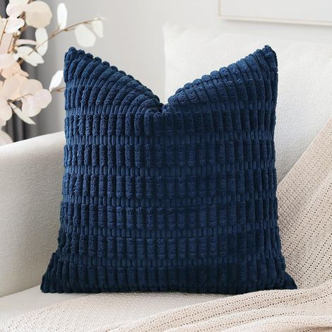 2 Housses de Coussin Velours Côtelé 45x45cm Fermeture Invisible Décor Salon Chambre Bleu Marine (1/5)