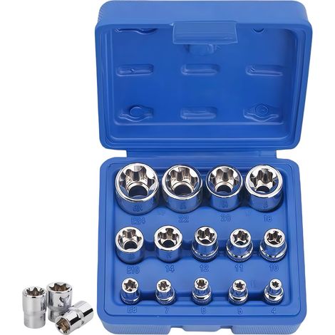 Douille Torx Externe: Ensemble de 14 Pièces E-Série E4, E5, E6, E7, E8, E10, E11, E12, E14, E16, E18, E20, E22, E24 en Chrome-Vanadium pour Atelier et Industrie (1/5)