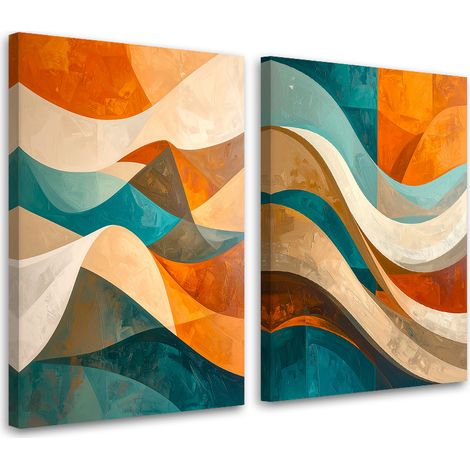 Set de tableaux sur toile  Abstraction : vagues et lignes orange et turquoise 2 x 20x30