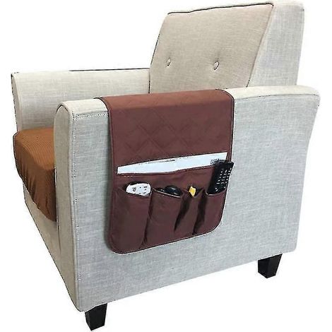 Sac de rangement imperméable pour accoudoir de canapé, sac de rangement antidérapant avec poche intégrée, compatible avec les canapés, fauteuils inclinables et canapés deux places. 1 pièce, marron fon (1/5)