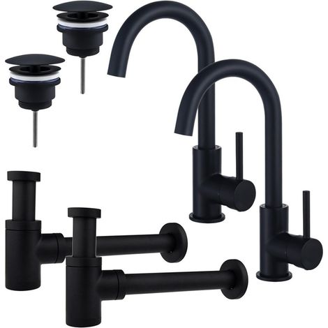 FugaFlow Eccelente Sobrado Kit robinet lavabo - pour double vasque - robinet haut - bec rotatif - bonde non-obturable - siphon design bas - Noir mat (1/4)