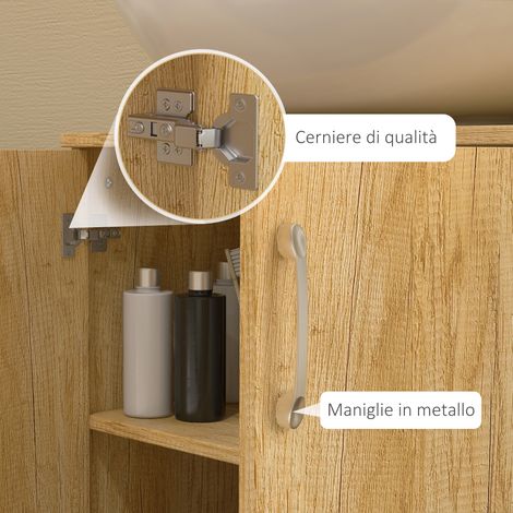 Meuble vasque suspendu 2 portes avec étagères en bois massif, meuble sous lavabo 2 étages de rangement. (1/5)