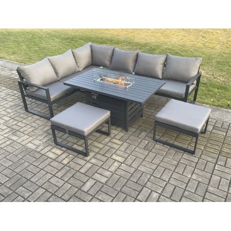 Fimous Aluminium Patio Outdoor Garden Furniture Corner Sofa Set Gas Fire Pit Dining Table with 2 Big Footstools Dark Grey (1/5)