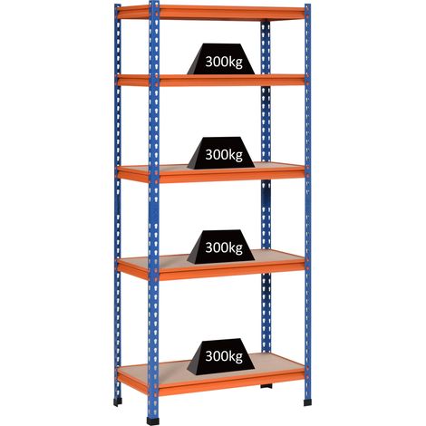 5-stöckiges Metall-Garagenregal, Tragkraft 1500 kg, 80 x 40 x 182 cm, blau und orange
