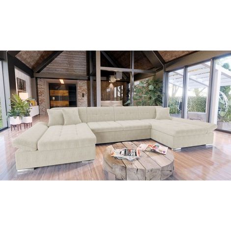 Tendencio – Canapé d'angle convertible ALON – Velours côtelé beige – 2 places – Coffres de rangement – Idéal pour grands salons