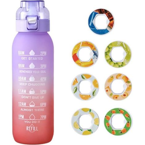 Gourde aromatisée 1000ml dégradé violet-rouge, paille incluse, 7 arômes, bouteille sport en Tritan-