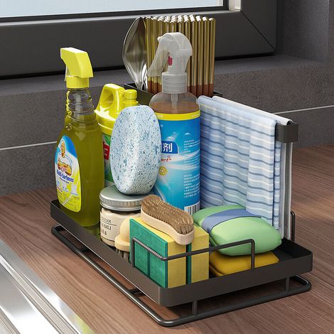 1pc Porte-éponge d'évier de Cuisine, Rangement Évier Cuisine Support de Brosse Éponge Organisateur avec Plateau Drainage, pour Vaisselle, éponge, Brosse Nettoyage,Torchons (Noir) 25x15.5x14.7cm (1/5)
