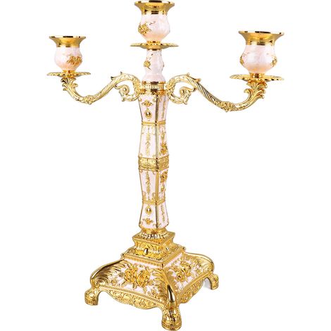 Bougeoir en Métal Style Européen Rétro, Support de Bougie Romantique Doré et Blanc, Décoration pour Mariage, Dîner, Fête, 3 Branches (1/5)