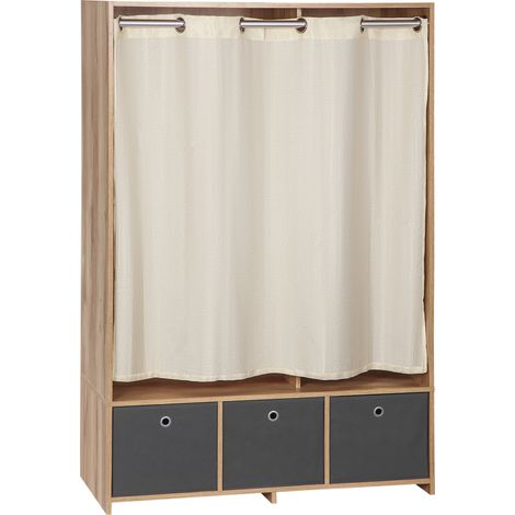 Armario con barra para colgar ropa, 3 cajones de tela extraíbles, 105 x 48 x 160 cm, color natural.