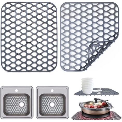QORVA-Lot de 2 tapis d'évier en silicone - Dimensions : 35 x 29 cm - Avec ouvertures d'écoulement - Gris (1/5)