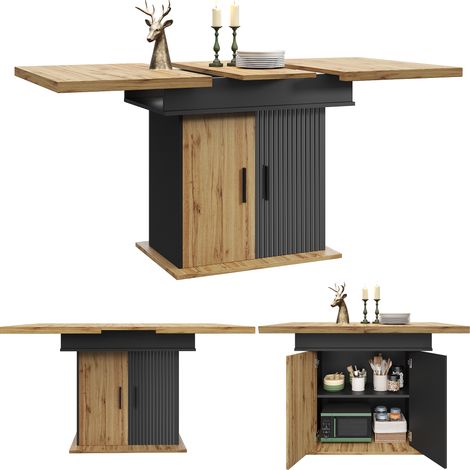 Table à manger extensible pliante- 110-140×80cm- 4 à 6 personnes- Avec étagères- Plateau MDF- Salle a manger,Salon- Noir (1/5)