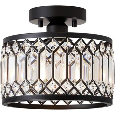 Lampadario di cristallo, plafoniera nera con paralume in cristallo, attacco E27, lampada moderna per soggiorno, camera da letto, cucina, corridoio, sala da pranzo (1 luce) (1/5)