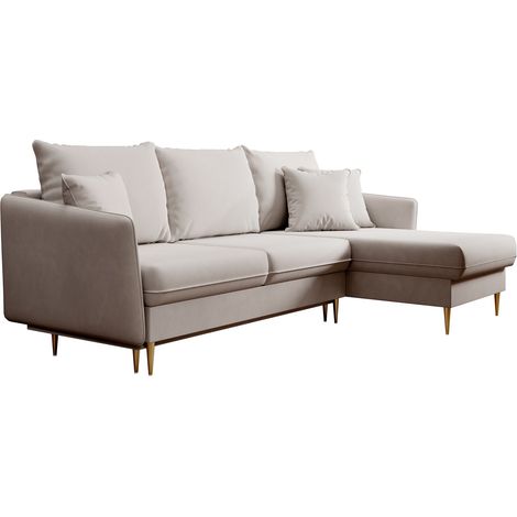 Selsey Volio – Ecksofa mit Schlaffunktion, Samt wasserabweisend, Goldene Beine, Beige