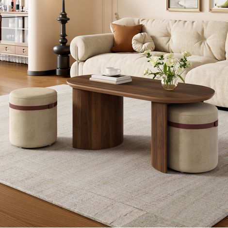 CHICFURN Set tavolino ovale con 2 pouf 108x50x44 cm in MDF e pino color noce (1/5)