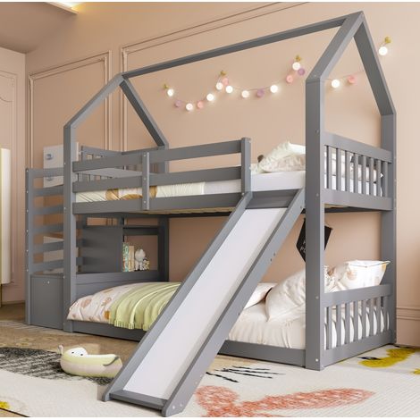 Lit superposé cabane en pin et MDF gris 90x200 cm avec escalier de rangement et toboggan (1/5)