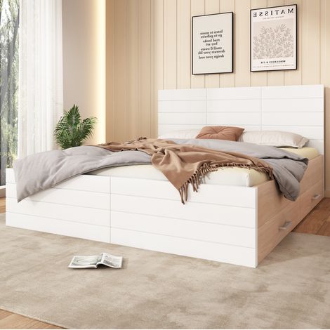 Cama doble moderna 160x200 cm con cabecero, 2 cajones, somier de láminas, madera maciza y MDF, blanco y roble claro (1/5)