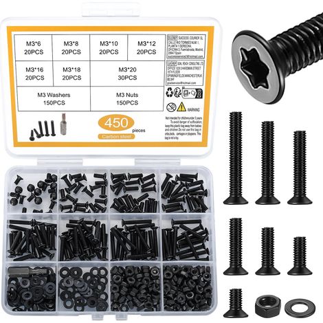 450 Pièces M3 Vis et écrous, M3 Vis Boulons et Écrous avec Rondelles, Vis à Tête Fraisée, Set di Vis Torx, Boulons à Tête Fraisée à Torx, Vis Mécaniques à Tête Plate et Rondelles Assortiment (1/5)