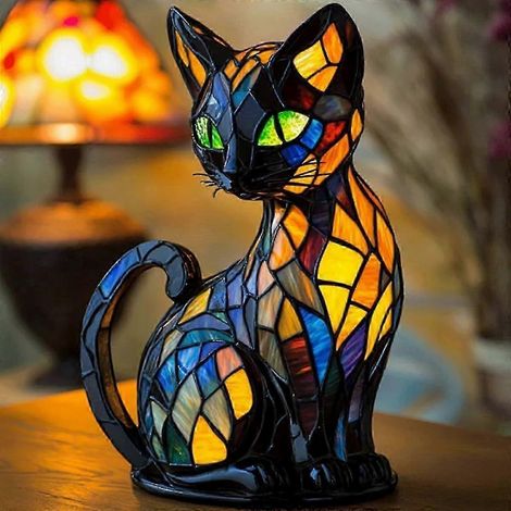 Lampe Chat 2025, Lampe Chat Vitrail, Veilleuse de Table Rétro Chats en Résine Vitrail, Lampe de Table LED 3D Animaux Mignons (1/5)