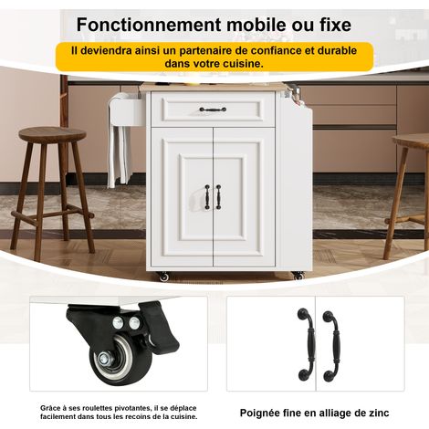 Îlot de cuisine, desserte de cuisine sur roulettes avec plan de travail rabattable, tiroir, meuble de cuisine roulant avec étagère, porte-serviettes, étagère à épices, chariot de service (1/5)
