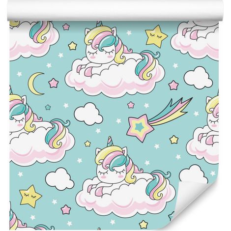 Papel pintado de unicornios durmiendo y estrellas fugaces para salón y dormitorio, 50x1000 (1/5)