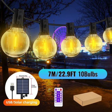(7M 11 ampoules) Guirlande lumineuse solaire d'extérieur, lampes de jardin G40, résistantes aux intempéries, adaptées aux cours arrière. (1/5)