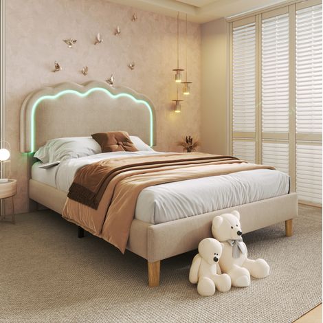 Letto imbottito LED singolo 90x190 cm in beige, testiera regolabile, rivestimento in lino, senza materasso (1/5)