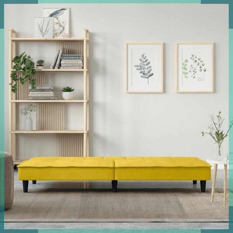 Canapé-lit - 351925 - Jaune velours - Avec porte-gobelets - Connecteur USB (1/5)