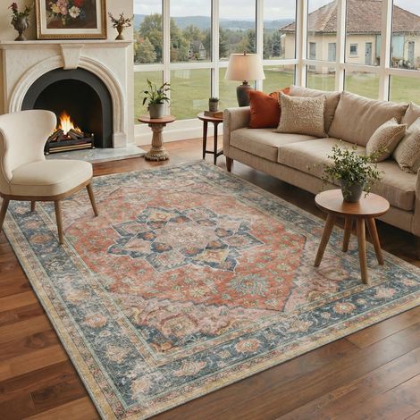 Tapis Salon Vintage 160x230cm Lavable en Machine Rug AntidéRapant Poil Ras, pour Chambre Salle a Manger Descente de Lit Bureau, Cuisine, Rouge Chaud Rétro (1/5)