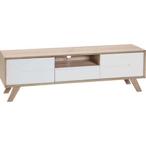 Soporte para TV enchapado en madera clara y blanca para TV de hasta 64ʺ con 2 gabinetes y cajón Forester (1/5)