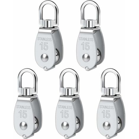 Poulie Simple Pivotante 5 Pièces M15 Poulie Simple en Acier Inoxydable Robuste Poulie Simple Bloc Lisse Rouleau de Chargement 35 KG pour Corde de Levage Câble Corde à linge (1/5)