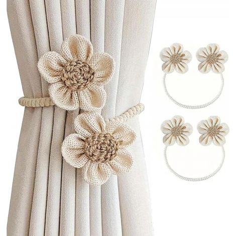 Lot de 2 embrasses de rideaux à fleurs, faites à la main, style bohème, sans perçage, pour la décoration de la maison ou du bureau, beige (1/5)