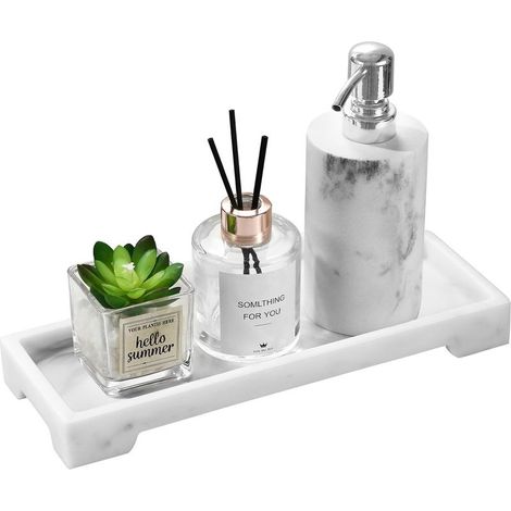 Plateau de rangement pour salle de bain, organiseur de comptoir pour bougies, savons, serviettes, parfums, bijoux, objets décoratifs, marbre blanc (1/5)