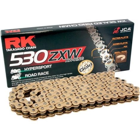 CADENA DE TRANSMISIÓN RK 530ZXW-110 (XW-RING) CON LENTE (CLF) INCLUIDA, COLOR DORADO (CAPACIDAD: HASTA 1400 CCM) (44 KN)