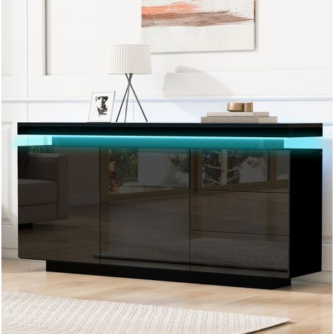Aparador 140/35/72,5 cm negro con LED, 2 puertas y 3 cajones, estilo moderno (1/5)