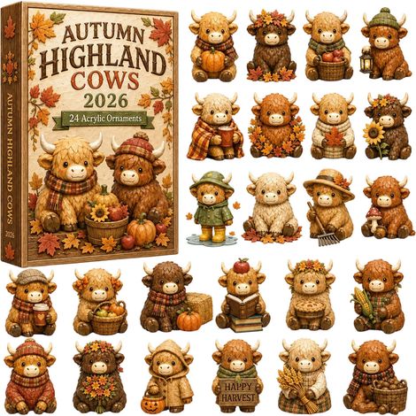 Calendrier de l'Avent de Noël, boîte surprise, récolte d'automne, vache des Highlands, ornement décoratif en acrylique, boîte cadeau surprise de Noël (1/5)