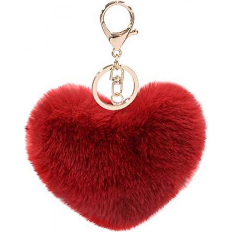 Porte-clés pompon en fausse fourrure en forme de cœur pour femme, accessoire de sac à main, breloque pour sac à dos pour filles - Rouge vin (1/2)
