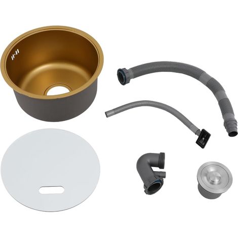 Rundes Waschbecken aus Edelstahl, Gold Küchenbar-Spüle mit Siebkorb, Deckel und Überlaufloch, 304 Edelstahl mit Nano-Beschichtung, für Küche/Bar/Camping-Wohnmobil (1/5)