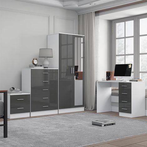 Reflect 2 Door Mirror Wardrobe, 5 Drawer Chest, 2 Drawer Bedside & Desk - Grey Gloss & Matt White - Modern Bedroom Furniture Set