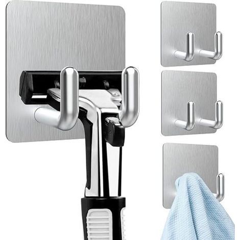 4-Piece Adhesive Wall Hooks (Strong Adhesion), Heavy Duty Stainless Steel Bathroom Towel Hook, Kitchen Towel Hook, Self-Adhesive No Drilling Required for Kitchen, Living Room, Office - Silver (1/5)