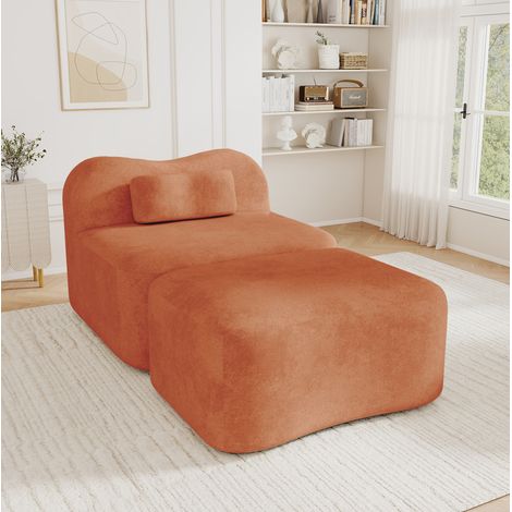 Sofá modular 1 plaza sin estructura con otomana, espuma 32D, terciopelo naranja DESVIAE (1/5)